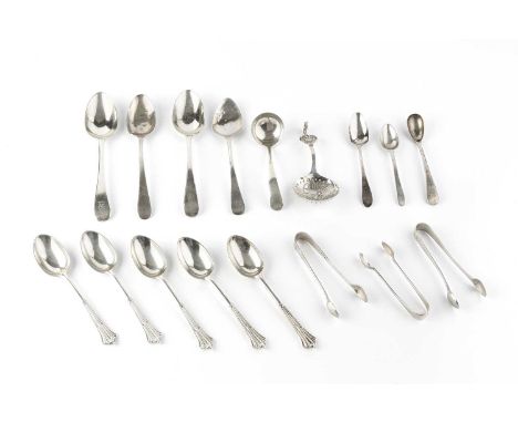 A collection of silver flatware, to include a set of five teaspoons by Goldsmiths &amp; Silversmiths Co. Ltd, London 1912, fo