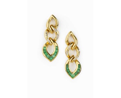 A pair of emerald and diamond earrings, each designed as three interlocking hoops, accented with graduated step-cut emeralds 