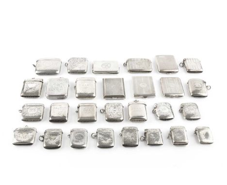 A collection of twenty-eight silver vesta cases, mainly early 20th century, with engraved, spot hammered and engine turned de
