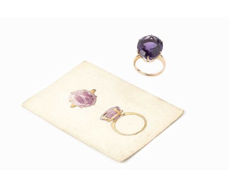 An amethyst single stone ring, the oval mixed-cut amethyst in six claw setting, yellow precious metal mounted, accompanied by