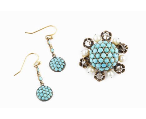 A Victorian turquoise, pearl and diamond brooch, centred with a pavé set boss of cabochon turquoises, within a border of alte