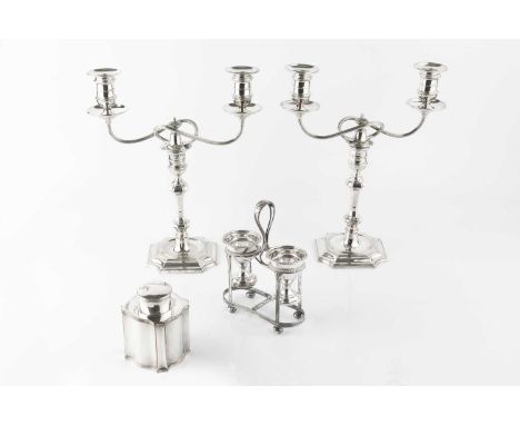 A pair of late Victorian silver plated twin branch candelabra, with knopped stems and detachable branches, by Elkington &amp;