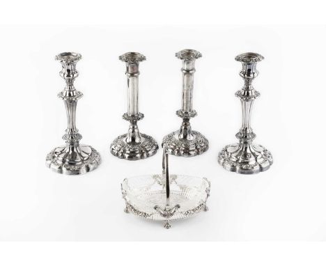 A quantity of silver plated items, to include two pairs of 19th century candlesticks, a swing handled butter dish with cut gl