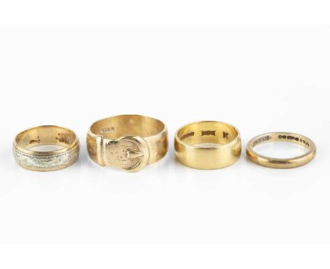 A 9ct gold buckle ring, with engraved decoration, together with an 18ct gold wedding band, a 9ct two colour gold wedding band