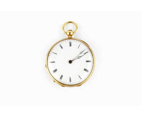 A 19th century open face fob watch, the white dial with black Roman numerals, to a key wind movement, the engine-turned case 