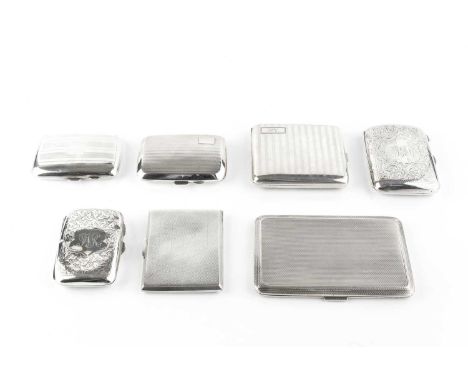 A collection of seven various silver cigarette cases, mainly early 20th century, with engine turned and engraved decoration, 