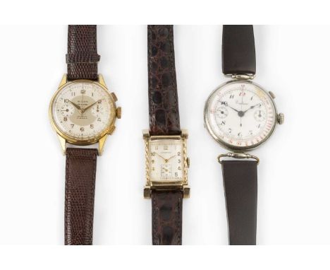 Three wristwatches, the first with rectangular dial, gilt Arabic numerals and subsidiary seconds dial, signed COSMOS, to a je