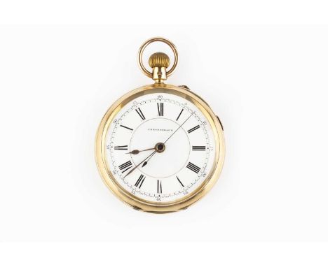 A late Victorian 18ct gold chronograph open face pocket watch, the white dial with black Roman numerals, outer scale 0-60 and