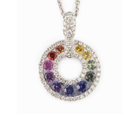 A diamond and gem set pendant on chain, designed as a circlet of vari-coloured gemstones, edged with round brilliant-cut diam