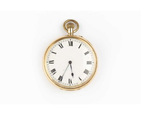 An 18ct gold open face fob watch, the white enamel dial with black Roman numerals, to a keyless wind movement numbered 442896