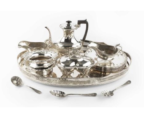 A collection of silver plated items, to include a set of nine plates, two salvers, an oval tea tray with pierced gallery, two