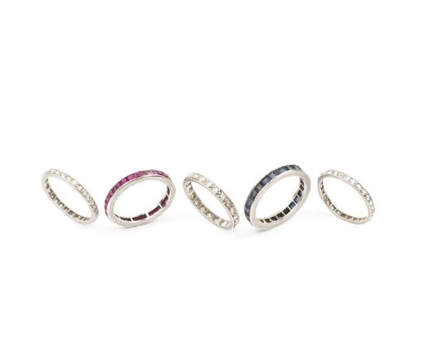 A collection of full hoop eternity rings, comprising a diamond full hoop ring, set throughout with single-cut diamonds, stamp