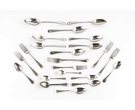 A quantity of silver old English pattern flatware, mainly 19th century, comprising three table spoons, a table fork, five des