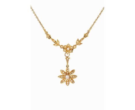 A late 19th/early 20th century half pearl pendant necklace, designed as a series of foliate and flowerhead panels of graduate