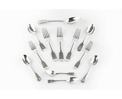 A matched part service of 19th century silver fiddle pattern flatware, comprising a table spoon, 18 dessert spoons, 4 table f