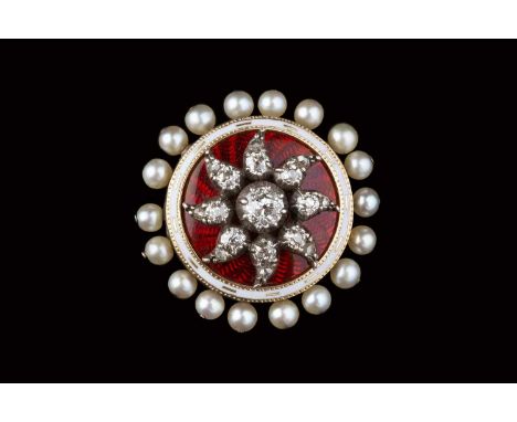 A diamond, pearl and enamel panel brooch, the circular panel centred with a cluster of graduated old and rose-cut diamonds in