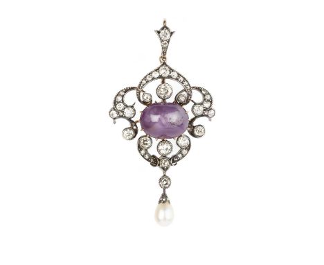 A late 19th century star ruby, diamond and pearl pendant, centred with an oval cabochon star ruby in claw setting, framed by 