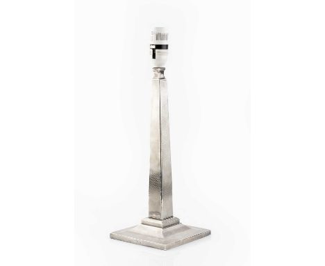 A silver table lamp, with engine turned decoration, tapering square section column and square base, by British Metallising Co