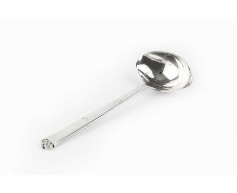 A Danish silver sauce ladle, with double lipped bowl, and tapering handle with scroll terminal, by Evald J. Nielsen, Copenhag