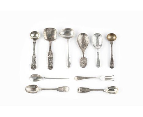 A George IV silver fiddle pattern caddy spoon, the bowl engraved with a bird and foliage, by William Eaton, London 1827, two 