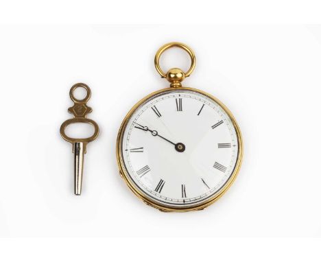 An open face fob watch, the white enamel dial with Roman numerals and blued steel hands, to a key wind movement and engine-tu