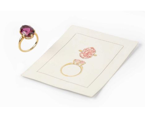 A pink tourmaline single stone ring, the oval mixed-cut pink tourmaline in six claw setting, yellow precious metal mounted, s