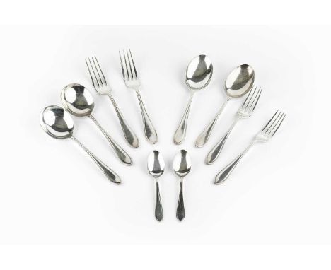 A service of silver Sandringham pattern flatware, comprising a table spoon, six soup spoons, six dessert spoons, six table fo