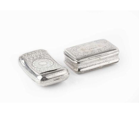 A George IV silver snuff box, of slightly curved rectangular outline, with rounded corners and engraved with stylized flowerh