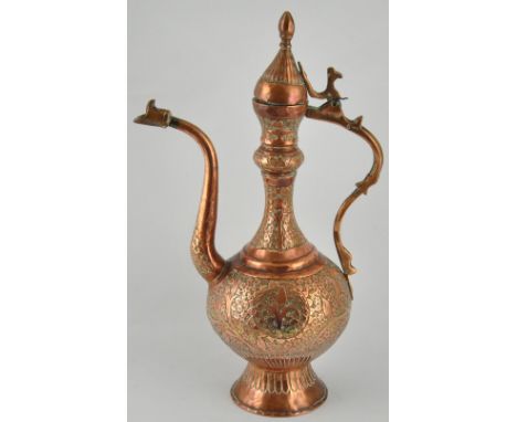 A late 19th century Persian copper teapot, the body with extensive foliate decoration, H. 37cm
