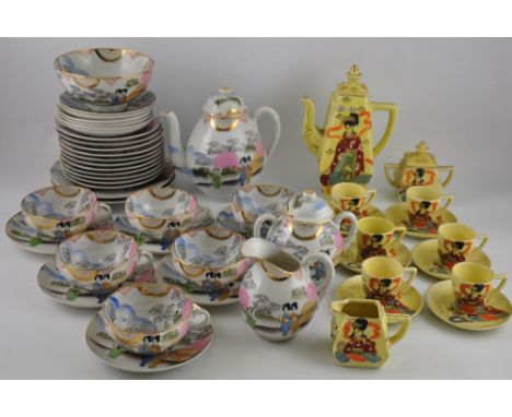 A late Satsuma-style fifteen piece tea service, comprising teapot, lidded sugar bowl, milk jug, and six sets of cups and sauc