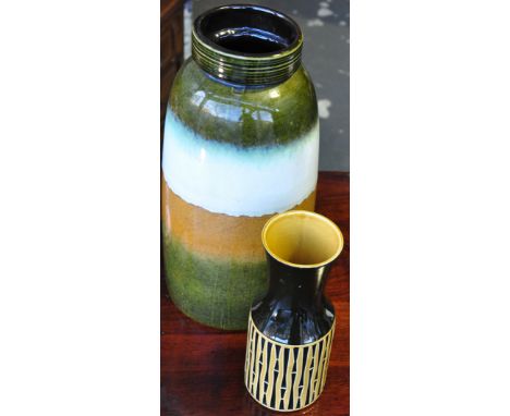 A Hornsea black and mustard glaze ceramic vase, the body with stylised bamboo shoot decoration, stamped 982, H. 23.5cm, toget