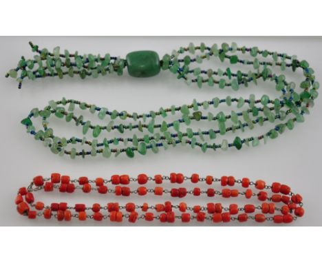A jade colour hardstone two strand necklace together with a coral bead strand necklace