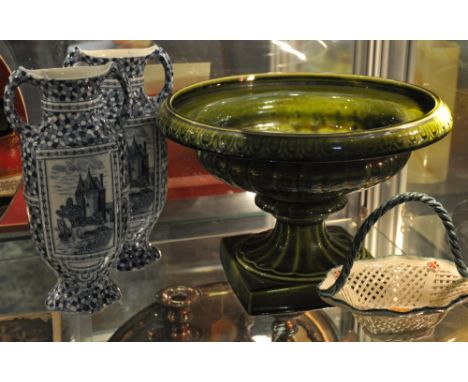 A pair of Continental blue and white garniture vases, H. 25cm, together with a Continental charger, a green glazedish on squa