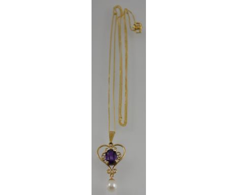 A vintage yellow metal amethyst and pearl pendant and chain 