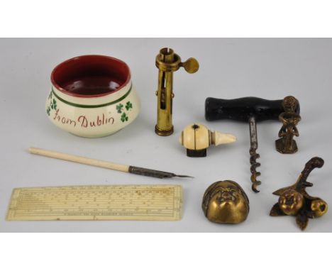 A vintage ivory measure by W Elliott of High Holborn, together with assorted ivory and metalware, a ceramic souvenir dish and