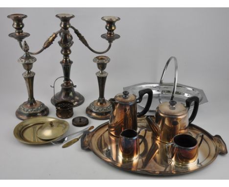 A quantity of plated ware, to include a three branch candelabrum, a four piece tea service with tray, a pair of candelabra, e