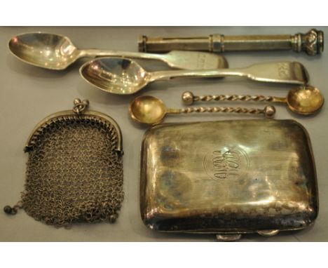 A rectangular silver cigarette case, Birmingham, engine turned and bearing ownership initials, together with a mesh purse, fo