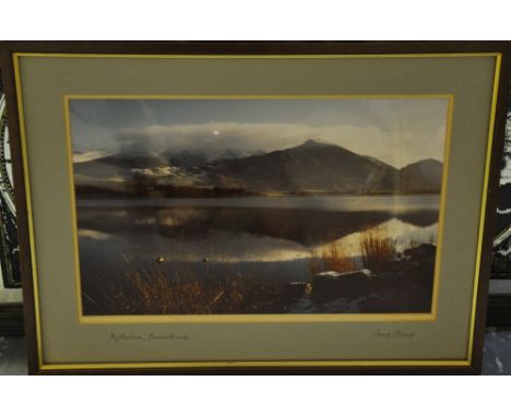 Frank Stirrup, Reflections, Bassenthwaite, colour photograph, signed lower right, 23.5 x 36.5cm, together with an engraving o