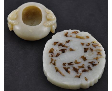 A Chinese jade pendants together with a small jade brush pot