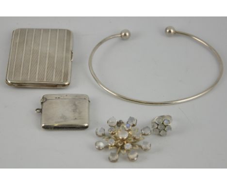 A rectangular silver cigarette case, engine turned and engraved with initials, together with a vesta case, necklet, pendant a
