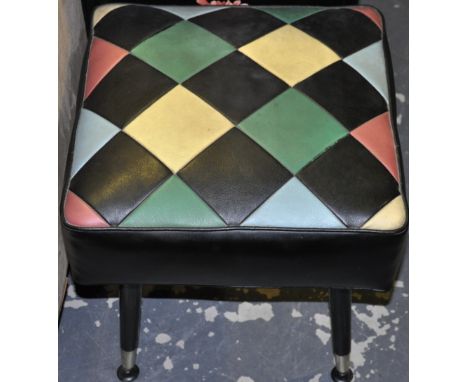 A vintage stool, the square seat upholstered in a harlequin pattern, raised on ebonised tapering legs, W. 38cm 