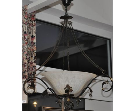 A wrought iron pendant lamp with opaque glass shade, drop approx. 90cm