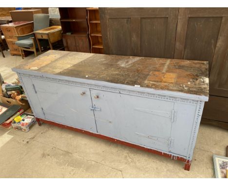 A VINTAGE PAINTED WORKSHOP UNIT ENCLOSING LOWER CUPBOARD 