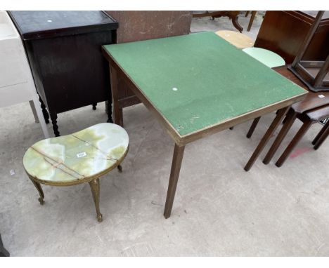 A KIDNEY SHAPED ONYX TABLE ON GILT METAL FRAME AND FOLDING CARD TABLE WITH GREEN BEIZE TOP 