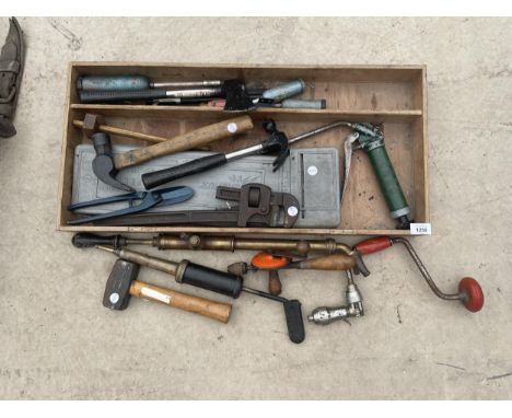 AN ASSORTED COLLECTION OF HAND TOOLS TO INCLUDE BRACE DRILLS, AN AXE AND SPRAYER PUMPS ETC 