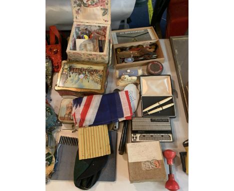 A MIXED SELECTION TO INCLUDE TWO VINTAGE TINS , A VINTAGE FABRIC SEWING BASKET 