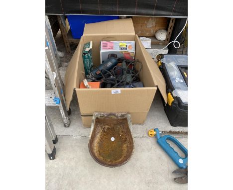 A CAST CALF DRINKER AND VARIOUS POWER TOOLS - ANGLE GRINDER, SANDER, WALLPAPER STRIPPER, SOCKET SET ETC 