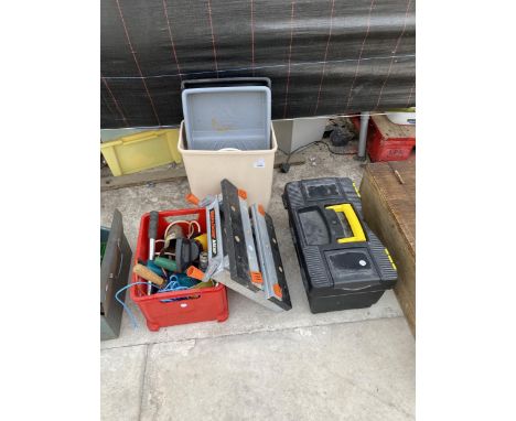 A TOOL BOX, BIN AND VARIOUS TOOLS - B &amp; D JOBBER, HAMMER ETC 