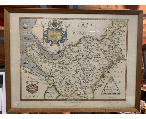 A FRAMED VINTAGE SAXTONS MAP OF CHESHIRE 1577 