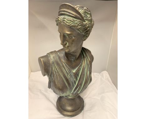 A LARGE BRONZE EFFECT STONE BUST OF 'DIANA' 53CM HEIGHT 